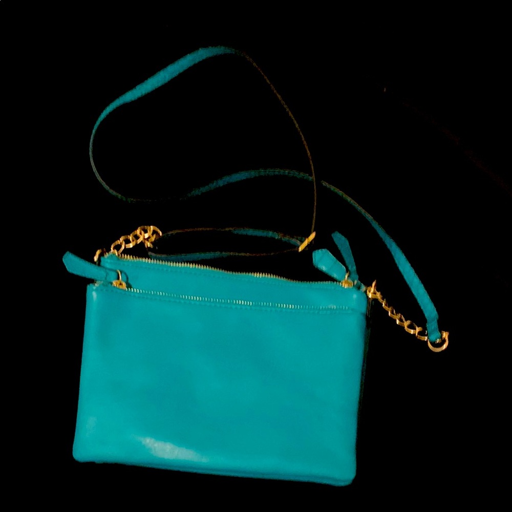 Ladies Teal Faux Leather Zippered Crossbody Bag with Gold Hardware